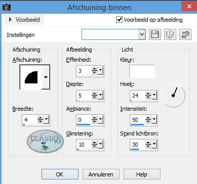 Instellingen 3D Effect - Afschuining binnen