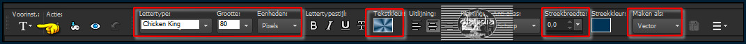 Activeer het Tekstgereedschap en zoek het font "Chicken King" (of neem een ander font) met deze instellingen