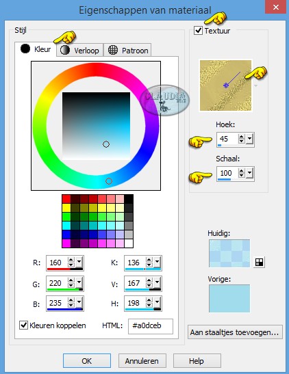 Vink Textuur aan en zoek in het bronvenster naar het textuur met deze instellingen