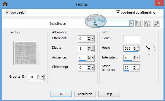 Effecten - Textuureffecten - Textuur en zoek het textuur "Arcering fijn" op met deze instellingen