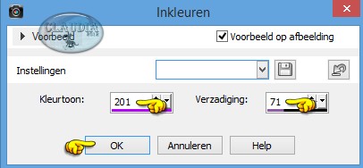 Aanpassen - Kleurtoon en Verzadiging - Inkleuren : Voor mij zijn dit de volgende getallen