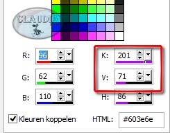 De K en V getallen vind je door op de kleur zelf te klikken (in het Kleurenpallet) en de getallen te nemen die met het rode kader er rond. 