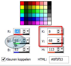 Noteer nu de 2 getallen die naast de letters K en V staan (= Kleurtoon en verzadiging)