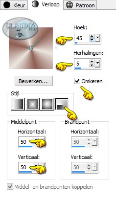 Klik met de muis in de Voorgrondkleur en maak een Verloop met deze instellingen 