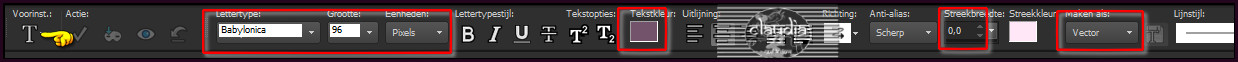 Activeer het "Tekstgereedschap" en zoek het font "Babylonica ROB" met deze instellingen