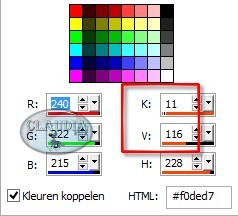 Noteer de getallen naast K en V (= Kleurtoon en Verzadiging)