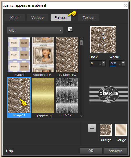 Klik nu op het tabblad "Patroon" en zoek het zonet gemaakte patroontje met deze instellingen