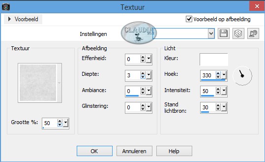 Effecten - Textuureffecten - Textuur : zoek de voorinstelling "Oud Papier" met deze instellingen
