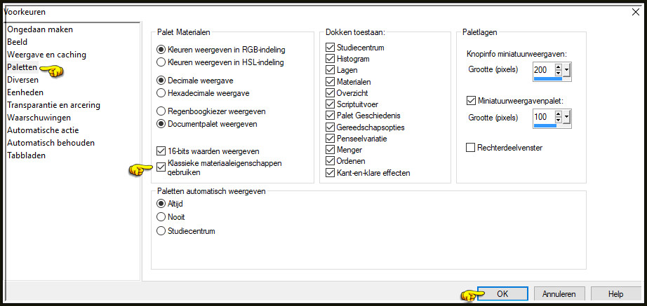 Klik in de linkerkolom op "Paletten" en in de rechterkolom vink je het vinkje aan bij "Klassieke materiaaleigenschappen gebruiken"
