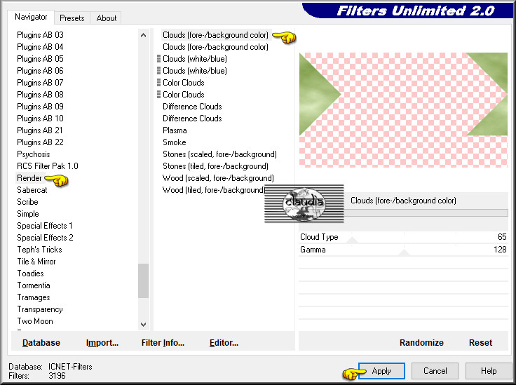 Effecten - Insteekfilters - <I.C.NET Software> - Filters Unlimited 2.0 - Render - Clouds (fore-/background color)