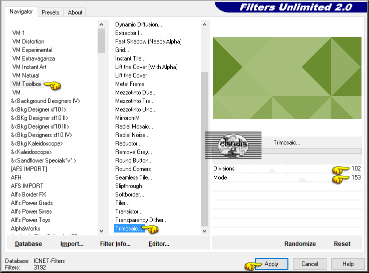 Effecten - Insteekfilters - <I.C.NET Software> - Filters Unlimited 2.0 - VM Toolbox - Trimosaic