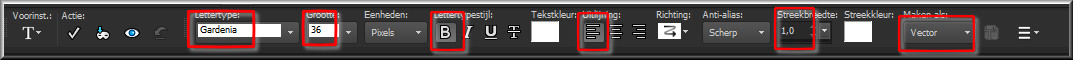 Activeer het Tekstgereedschap en zoek het font "Gardenia" met deze instellingen