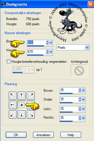 Instellingen Doekgrootte